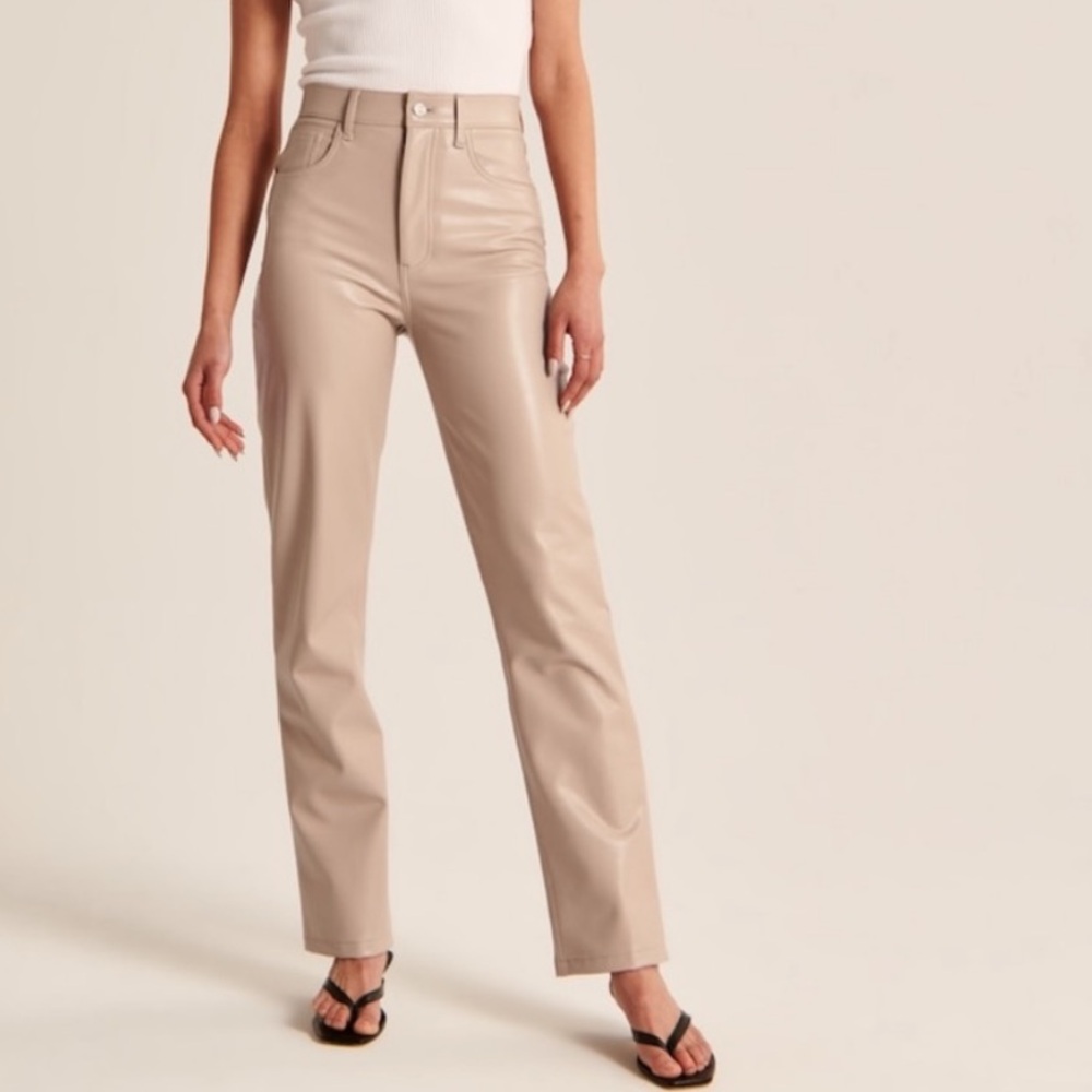 Abercrombie & Fitch Vegan Leather 90s Straight Pants in Tan